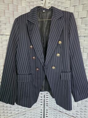 Double-Breasted Pinstripe Blazer in Navy with White Stripes